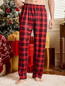 Men's Plaid Print Drawstring Waist Pajama Pants, Christmas, Winter - Red - View 1