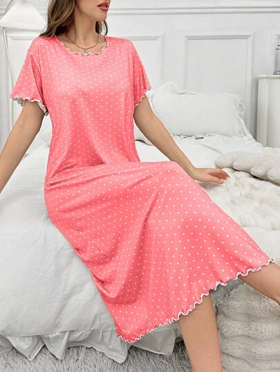 Camisón informal con estampado de topos todo sobre todo y ribete de encaje, ropa de estar por casa diaria