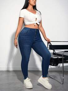 Firerie Plus Size Distressed Skinny Stretch 7/8 Length Denim Jeans, Blue - Blue - View 5