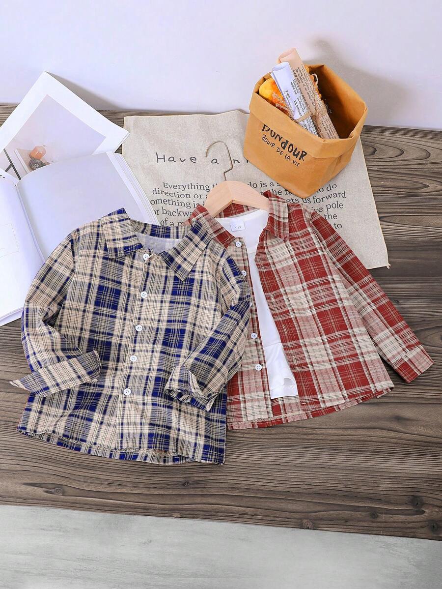 2 piezas Conjunto de camisa de estilo escolar informal con estampado a cuadros y texto bordado para niño joven, adecuado para otoño/invierno, salidas, uso casual en la calle - Multicolor - Ver 1
