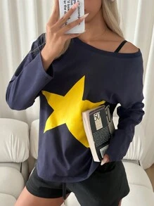 Aloruh Women's Loose Fit Asymmetric Neck Navy Blue Star Print Casual Long Sleeve T-Shirt - Navy Blue - View 5