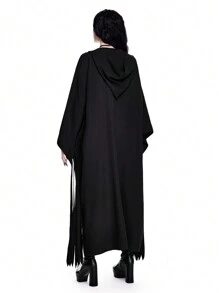 ROMWE Avant 角色扮演鬼魂流苏连帽领长袖角色扮演服装斗篷外套，女士万圣节服装 - 黑色 - 查看 3