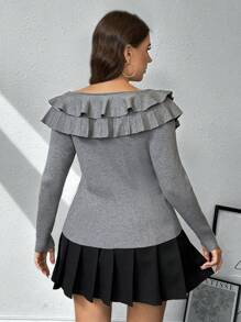 SHEIN Privé Áo len dệt kim cổ nhún bèo cỡ lớn cho nữ mùa thu/đông - Xám - Xem 2