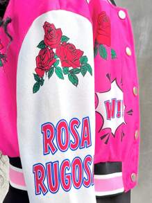 Tween Girl' Badge Graphic Patchwork Short Varsity Jacket, Thermal Lined Bomber Jacket For Autumn & Winter - Multicolor - View 3