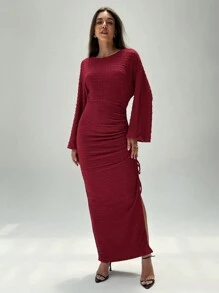 Aloruh 女式复古纹理面料圆领褶皱细节侧高开衩长袖连衣裙圣诞连衣裙红色连衣裙秋季女装 - 酒紅色 - 查看 6