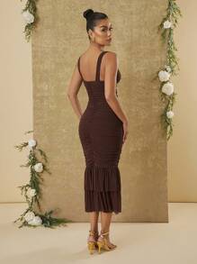 Hauture V Neck Ruched Mesh Sleeveless Dress - Coffee Brown - View 3