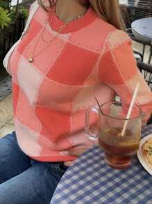 SHEIN EZwear Sweater Con Patrón A Cuadros De Bloque De Color - Rosa - Ver 3