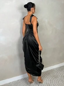 SHEIN BAE Váy midi satin đen cho nữ dự tiệc Halloween, trở lại trường - màu đen - Xem 2