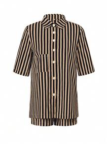 Conjunto de 2 piezas de camisa y pantalones cortos a rayas casuales para mujer Vaiaye, con top de manga corta a juego con pantalones cortos, adecuado para uso diario, elegante atuendo para damas - Caqui - Ver 4