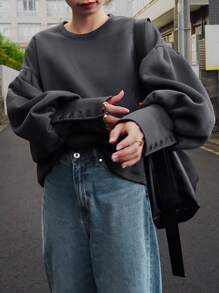 FRIFUL Áo nỉ chui đầu dáng rộng thoải mái cho nữ mùa thu/đông, lót nhiệt - Màu xám đen - Xem 3