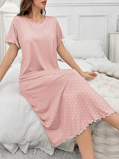 Ruffled Polka Dot Allover Print Short Sleeve Casual Nightgown, Daily Wear