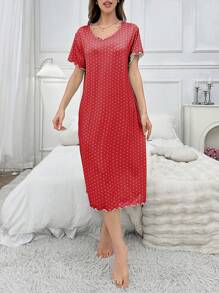 Floral Trim Polka Dot Allover Print Casual Sleepshirt, Daily Loungewear PerfectSummer - Burgundy - View 5