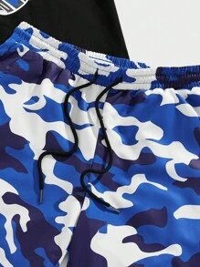 Manfinity VCAY 男士迷彩熊印花短袖动漫 T 恤和短裤套装 - 藍色 - 查看 4