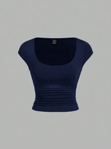 SHEIN Essnce 2 chiếc áo thun tay ngắn bó sát cạp chun đơn giản dành cho nữ - Màu xanh hải quân - Xem 5