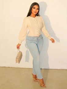 Zolique 女开衫针织开衫长袖镂空条纹油条麻花杏色纽扣修身朋友聚会秋冬女装 - 杏色 - 查看 5