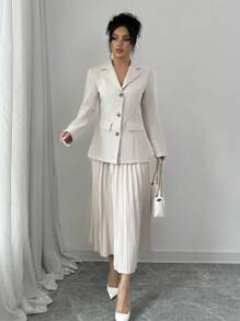 Elenzga Bộ vest thanh lịch gồm áo khoác dài tay cài nút phía trước màu trơn và chân váy mini xếp ly cho nữ - Màu be - Xem 6