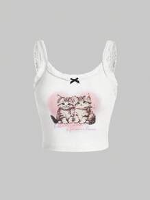 ROMWE Kawaii 女士露背猫咪印花蕾丝边装饰吊带背心 - 白色 - 查看 1