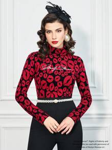 Marilyn Monroe X SHEIN Women's Letter And Lip Pattern Turtleneck Fitted Sweater - Burgundy - View 7