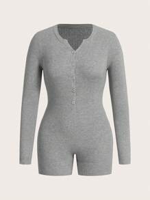 SHEIN BASICS 1pc Women' Solid Color Crew Neck Zip-Up Long Sleeve Jumpsuit - Light Grey - View 5