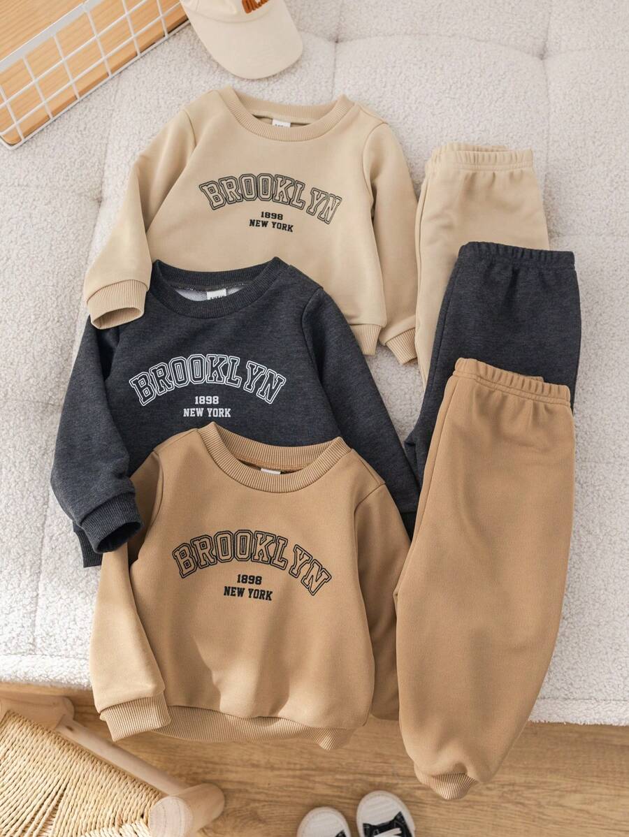 6pcs/Set Kids Boys' Casual Letter Print Graphic Crew Neck Sweatshirt And Solid Color Jogger Pants 2 Pieces Outfit, Suitable For School, Garden, Beach, Birthday, Spring, Summer, Autumn, Winter. Buy 2 Get 1 Free, Fleece, Thickened - Multicolor - View 1