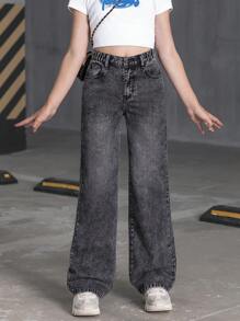 SHEIN 女童正面纽扣多口袋蝴蝶结刺绣星星牛仔裤