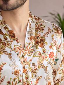 Manfinity ChillVibe 2pcs Men's All-Over Print Button Front Long Sleeve Top And Pants Pajama Set - Multicolor - View 3