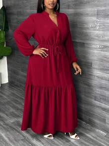 Slaydiva Plus Elegant,Casual & Party Solid Long Sleeve V-Neck A-Line Dress With Drawstring Waist, Hem Splicing Details For Women, Spring/Autumn - Burgundy - View 6
