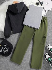 SHEIN Tween Girl Round Neck Letter Print Sleeveless Tank Top + Black Hooded Zip-Up Long Sleeve Jacket + Green Elastic Waist Pocket Pants Casual Outfit Set - Black - View 2