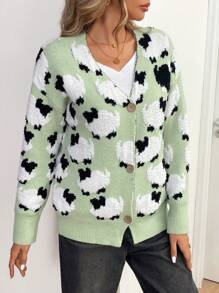 SHEIN LUNE كارديجان أكمام طويلة أمامي بأزرار بياقة على شكل حرف في رقبة بطباعة كرتونية - أخضر - مشاهدة 6