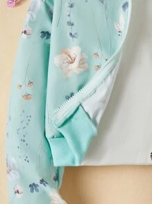 SHEIN Vintaside Kids Tween Girl Floral & Leaf Print Short Bomber Jacket, Lightweight Autumn - Green - View 3