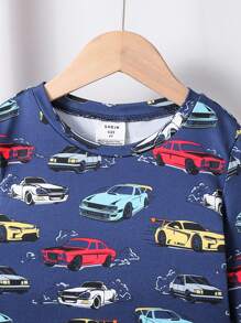 SHEIN 2pcs/Pajama Set Young Boy Casual Comfortable Cartoon Car Pattern Long Sleeve Jumpsuit Snug Fit Loungewear - Blue - View 4