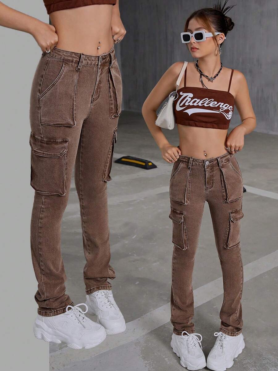 SHEIN Quần jean dài denim màu nâu bạc màu, có túi nắp, phong cách Y2K dành cho nữ tuổi teen, thích hợp cho mùa thu đi học. - Cà phê nâu - Xem 1