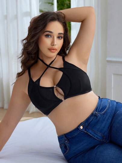 Plus-Size Solid Color Hollow Out Halter Bra
