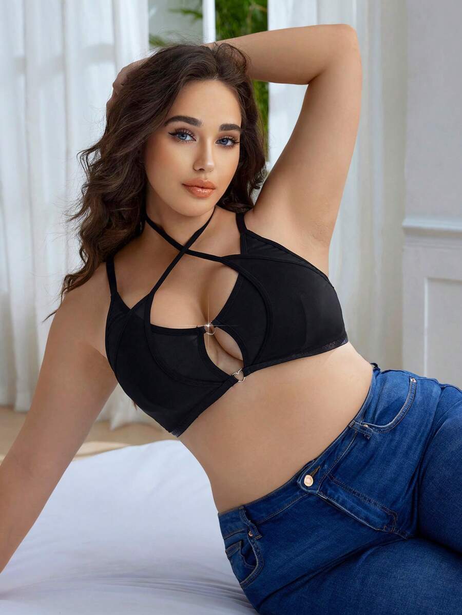 Áo ngực hở lưng màu trơn cỡ lớn - màu đen - Xem 1