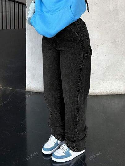NVFelix Nuevos vaqueros de ropa de otoño para mujer con bolsillos con estrías - Pantalones vaqueras casuales de pierna ancha y multiusos