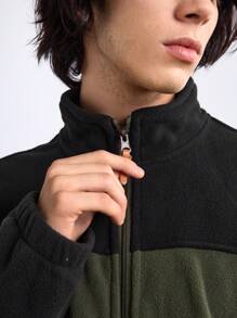 In My Nature Men's Solid Color Splice Front Zip Long Sleeve Simple Casual Outdoor Fleece Jacket