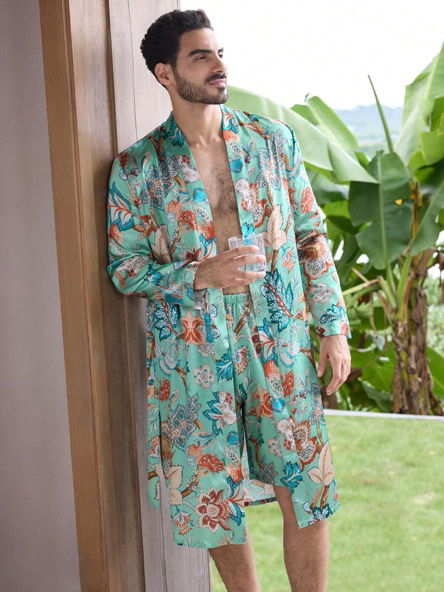 Men's Tropical Plant Printed Belted Long Sleeve Robe