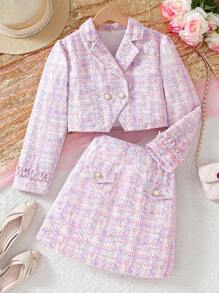 SHEIN 青少年女孩时尚法式优雅全印花双排扣长袖夹克和裙子两件套 - 粉色 - 查看 1