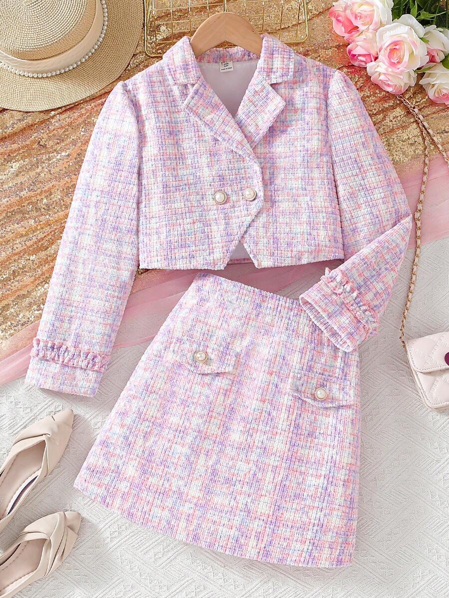 SHEIN 青少年女孩时尚法式优雅全印花双排扣长袖夹克和裙子两件套 - 粉色 - 查看 1