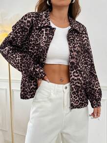 SHEIN EZwear Women's Zip-Up Long Sleeve Fashionable Street Style Cheetah Jacket - Multicolor - View 3