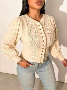 Zolique 女开衫针织开衫长袖镂空条纹油条麻花杏色纽扣修身朋友聚会秋冬女装 - 杏色 - 查看 4