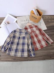 2 piezas Conjunto de camisa de estilo escolar informal con estampado a cuadros y texto bordado para niño joven, adecuado para otoño/invierno, salidas, uso casual en la calle - Multicolor - Ver 2