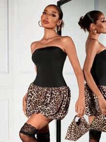 SHEIN SXY Sexy Elegant Leopard Print Patchwork Corset Ruffle Mini Dress For Ladies - Multicolor - View 6