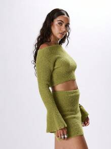 MUSERA Flared Sleeve Cropped Sweater Clothes - Green - View 3