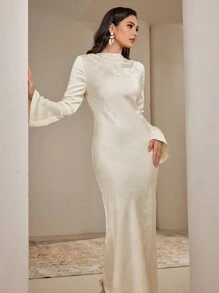 Veilorie Women's Turtleneck Flare Sleeve Solid Color Fishtail Hem Elegant Dress Modest - Apricot - View 1