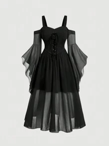 SHEIN MOD 大码黑色复古交叉吊带喇叭袖 V 领长款雪纺连衣裙 - 黑色 - 查看 1