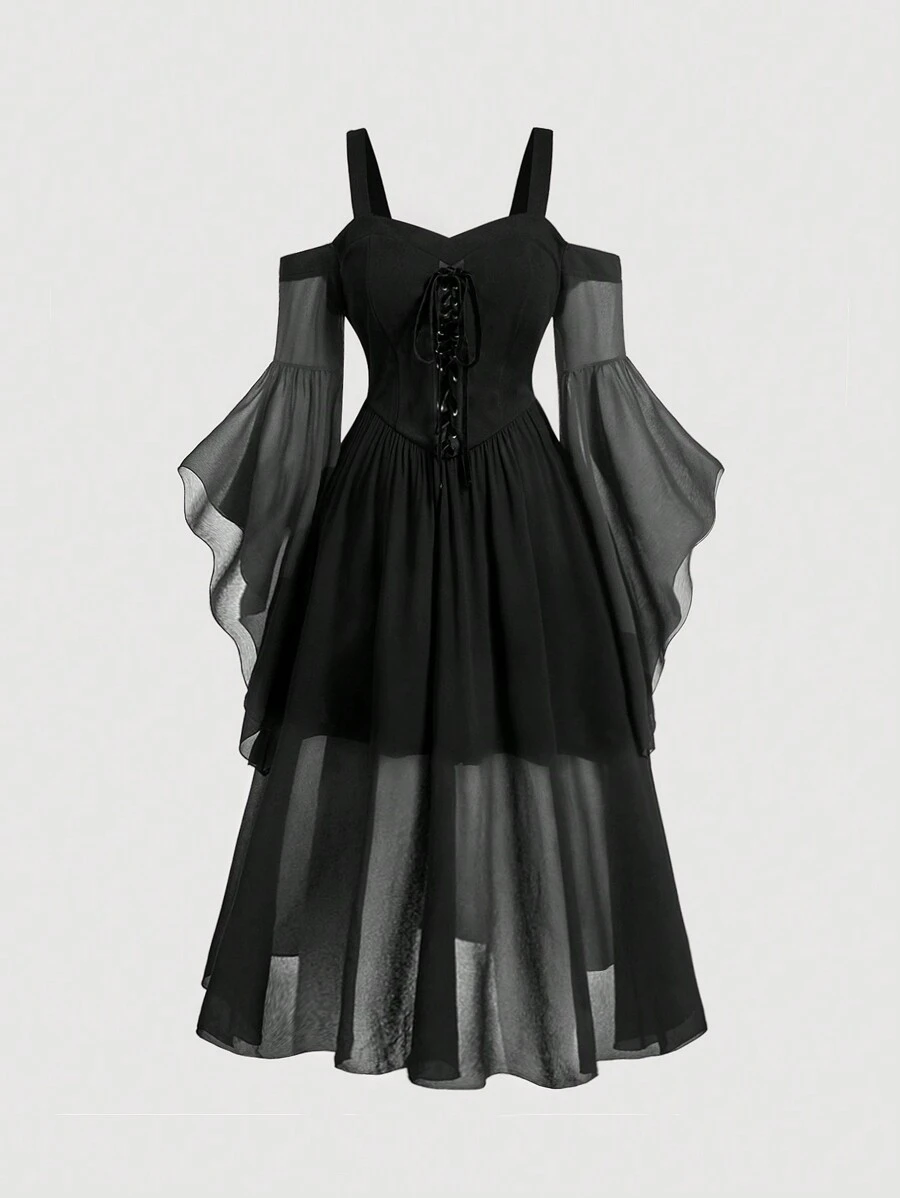 SHEIN MOD 大码黑色复古交叉吊带喇叭袖 V 领长款雪纺连衣裙 - 黑色 - 查看 1