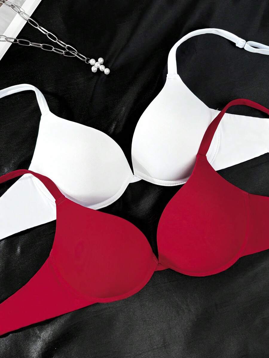 Solid Color Minimalist Steel Hoop Bra Bra Packpush Up Braspush Up Bra Two Set 2 Pcs - Multicolor - View 1