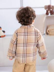 SHEIN Áo khoác in họa tiết caro dài tay cài nút túi trước cho bé trai - Màu Khaki - Xem 2