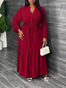 Slaydiva Plus Elegant,Casual & Party Solid Long Sleeve V-Neck A-Line Dress With Drawstring Waist, Hem Splicing Details For Women, Spring/Autumn - Burgundy - View 5